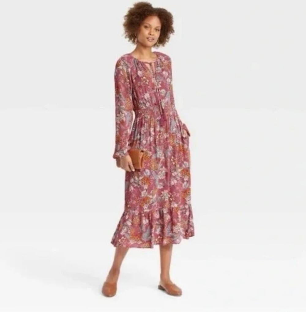 Knox Rose Boho Floral Smocked Maxi Dress Pink Long Sleeve Peasant Size M